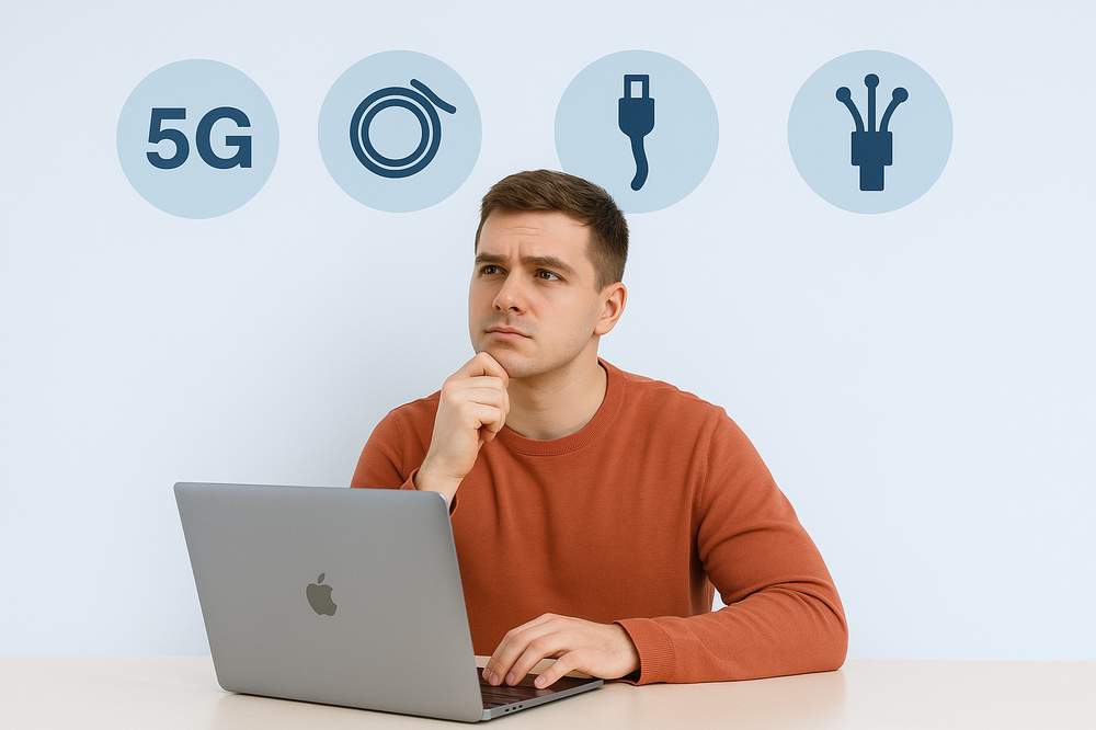 Young man using a laptop at home, symbolizing comparison of 5G, Cable, DSL, and Fiber internet types for Miami residents