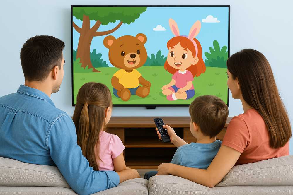 A family of four sitting on a couch watching a kid-friendly cartoon on TV, representing the best TV packages for families in Miami