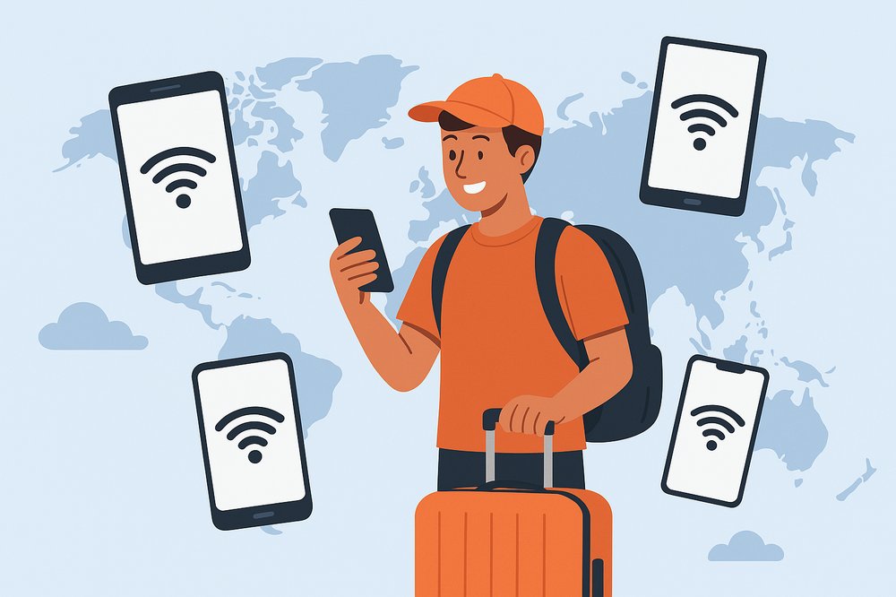 A young traveler with a smartphone and suitcase using wireless services, symbolizing the best wireless providers for travelers visiting Miami, FL