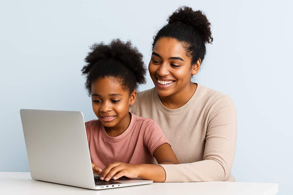 Mother and daughter using a laptop at home, representing free and low-cost internet programs for low-income families in Miami