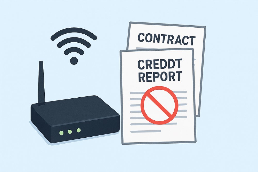 Wi-Fi router with crossed-out credit report and contract symbols, representing internet access without a credit check or annual contract