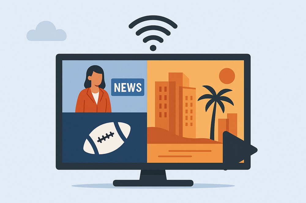 Flat-screen TV displaying Miami news, sports, and skyline with palm trees, representing local Miami channels and free streaming options